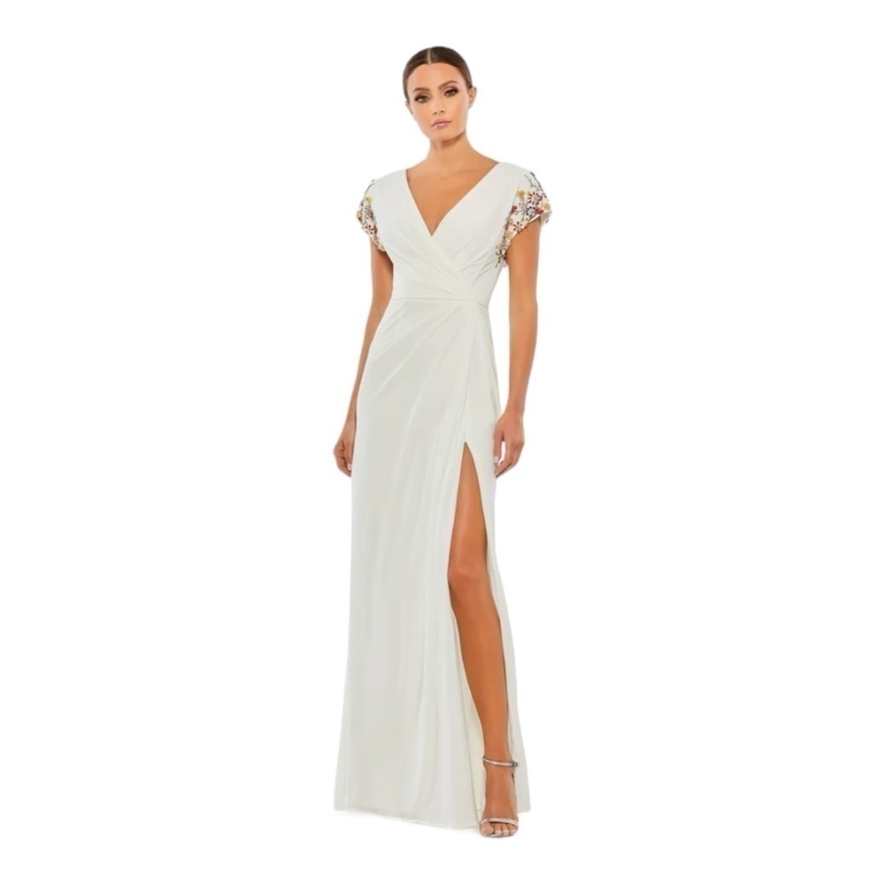 Mac Duggal Embellished Sleeve Jersey Wrap Gown in White Multi Size 8 NWT